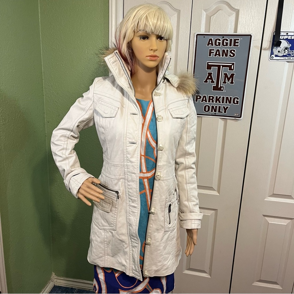Miss Top Gun Long leather bomber jacket fur lined hooded pinup girl lined size s - Picture 2 of 12
